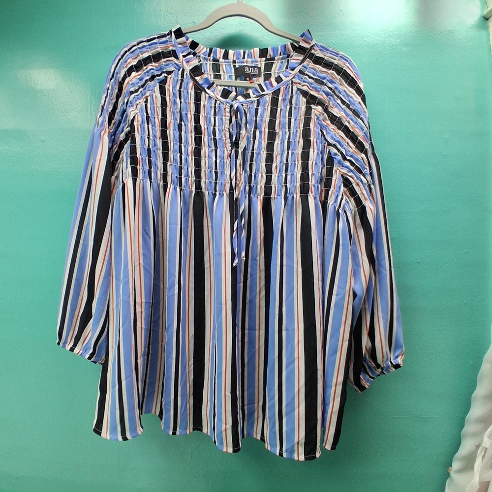 a.n.a Smocked Striped Blouse XL Blue Black Orange Boho Peasant Top